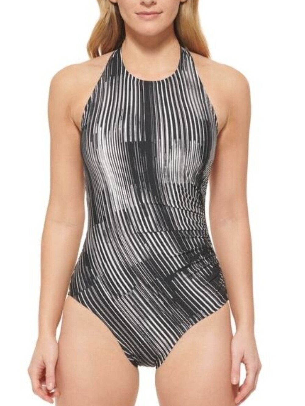 Calvin Klein Black & White Striped High-Neck One-Piece Swimsuit